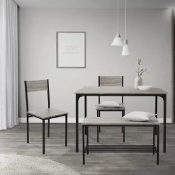 Esszimmergruppe mit Bank 4-Teilig mit Esstisch und Stühlen Eiche Grau Stahlgestell ML-Design