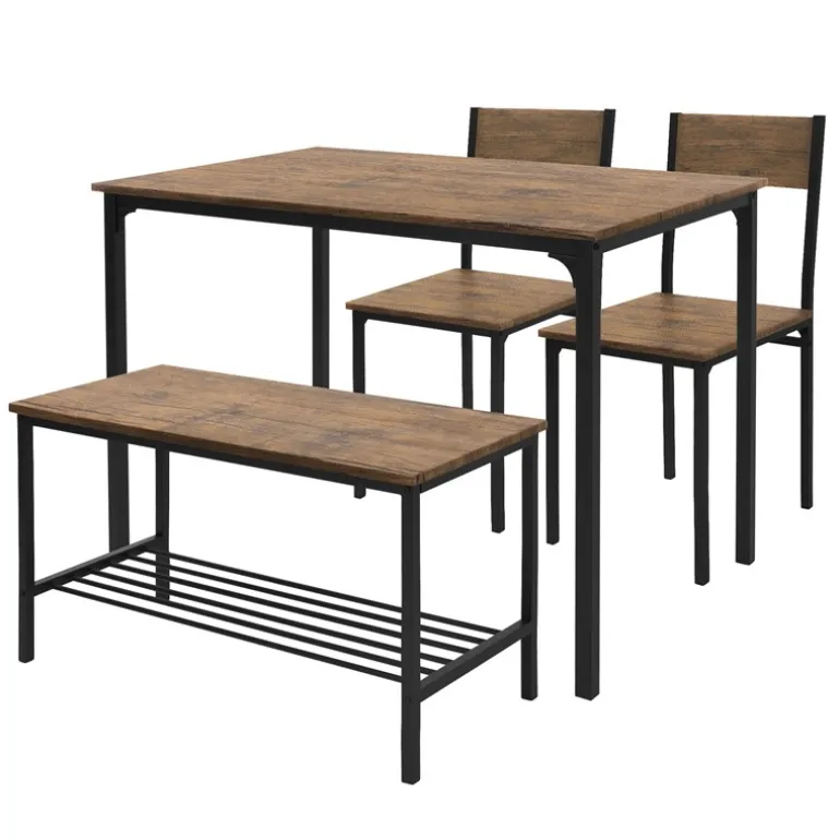 Esszimmergruppe mit Bank 4-Teilig mit Esstisch und Stühlen Eiche Rustikal Stahlgestell ML-Design