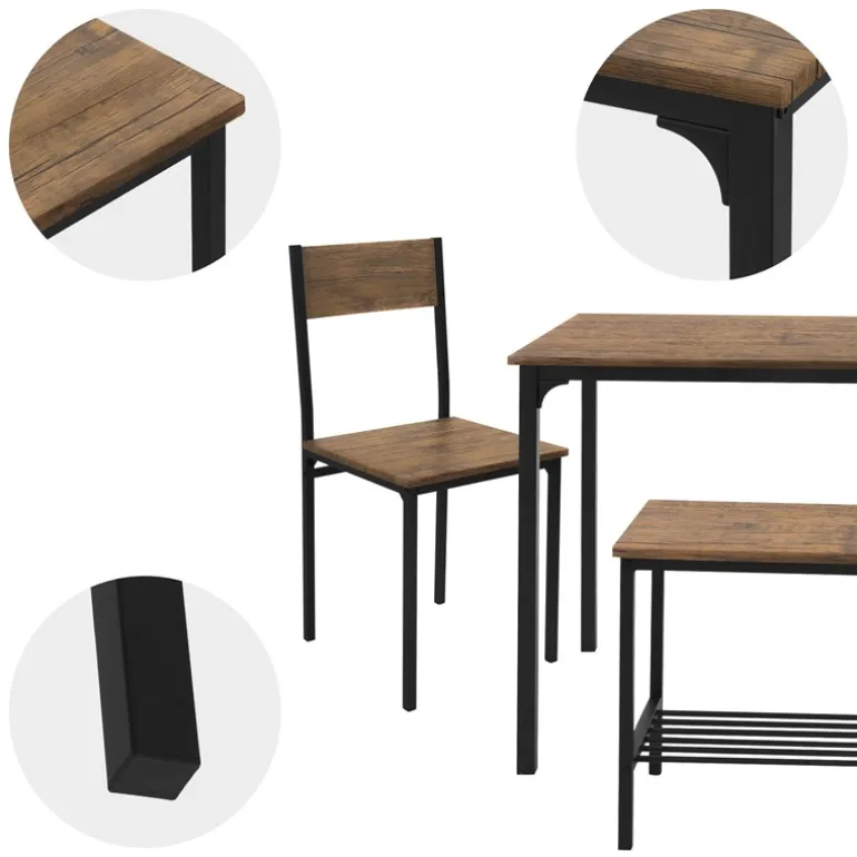 Esszimmergruppe mit Bank 4-Teilig mit Esstisch und Stühlen Eiche Rustikal Stahlgestell ML-Design
