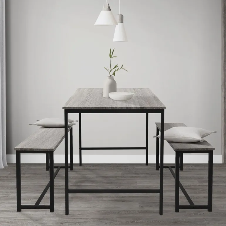 Esszimmergruppe mit 2 Bänken 3-Teilig mit Esstisch Eiche Grau Stahlgestell ML-Design