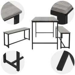 Esszimmergruppe mit 2 Bänken 3-Teilig mit Esstisch Eiche Grau Stahlgestell ML-Design