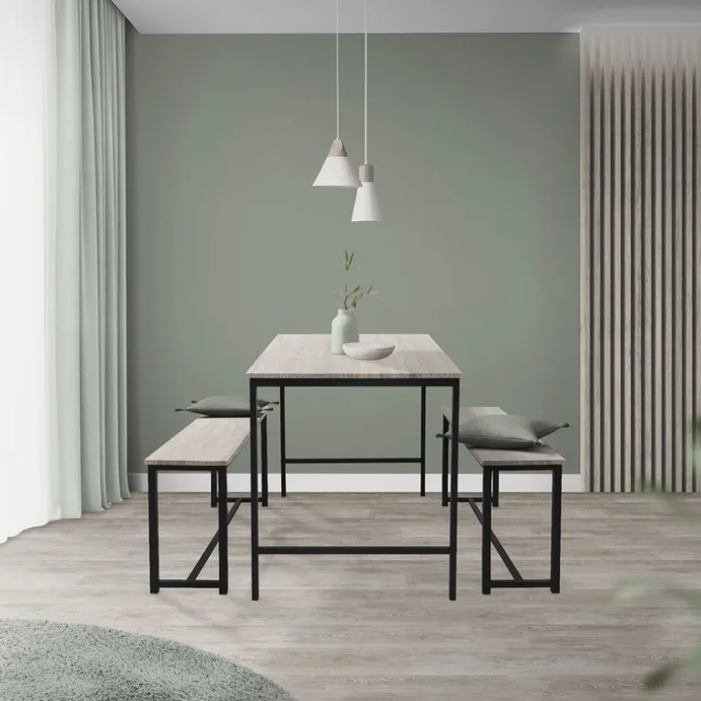 Esszimmergruppe mit 2 Bänken 3-Teilig mit Esstisch Sonoma-Eiche Stahlgestell ML-Design