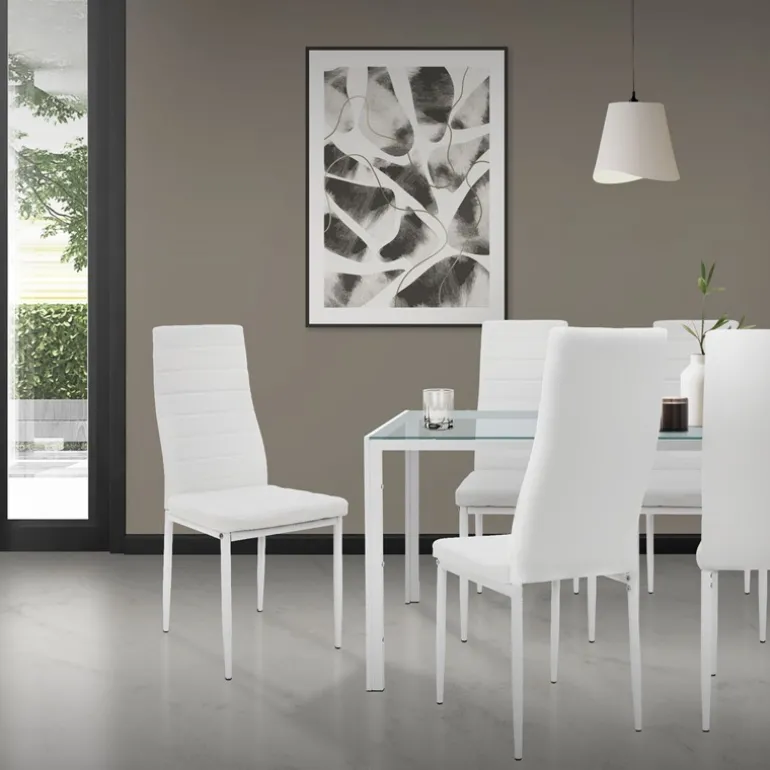 Esszimmerstühle 4er Set, Kunstleder-Bezug, Weiß, Polsterstuhl mit Metallbeinen ML-Design