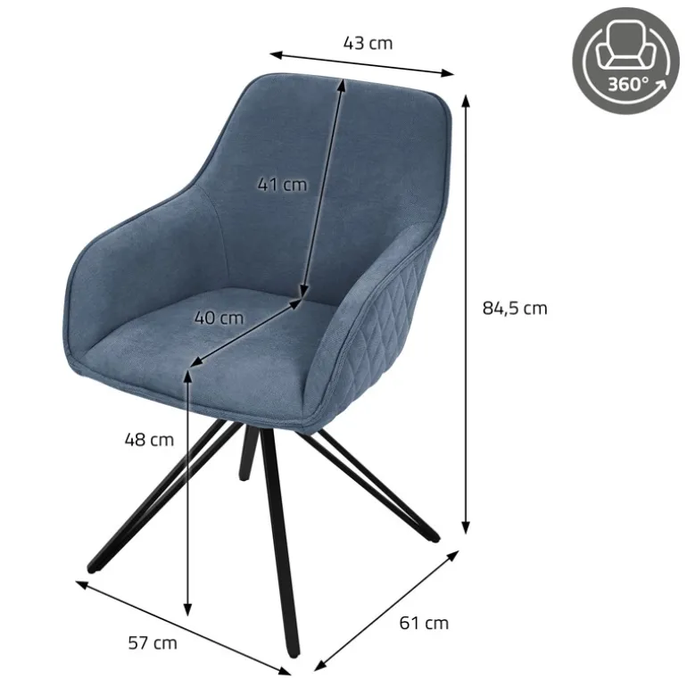 Esszimmerstuhl drehbar 4er Set Blau aus Textil Webstoff Küchenstuhl mit Rücken- und Armlehne ML-Design