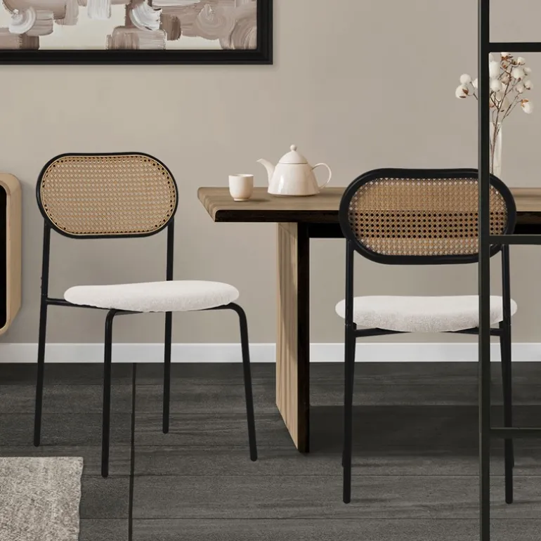 Esszimmerstuhl 2er Set Beige bis 120 kg Rattan Rückenlehne ML-Design