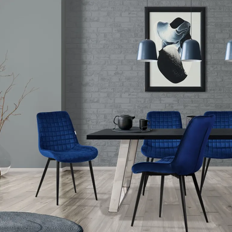 Esszimmerstuhl 2er Set Dunkelblau mit Samtbezug und Stahlbeinen Küchenstuhl mit Rückenlehne ML-Design