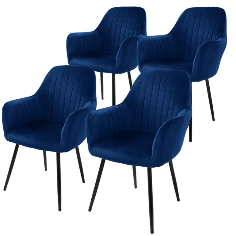 Esszimmerstuhl 4er Set Linierte Steppung mit Rücken- und Armlehnen Blau Küchenstuhl mit Microfaser-Samtbezug ML-Design