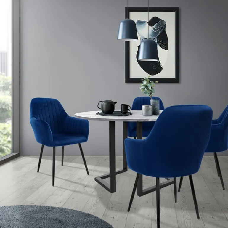 Esszimmerstuhl 4er Set Linierte Steppung mit Rücken- und Armlehnen Blau Küchenstuhl mit Microfaser-Samtbezug ML-Design