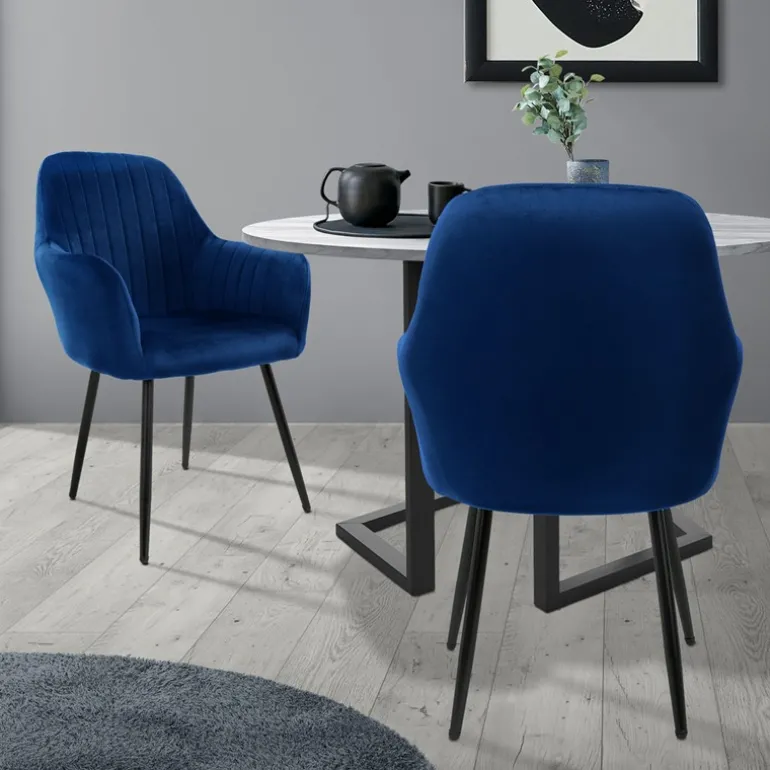 Esszimmerstuhl 2er Set mit Rücken- und Armlehnen Blau Küchenstuhl mit Microfaser-Samtbezug ML-Design