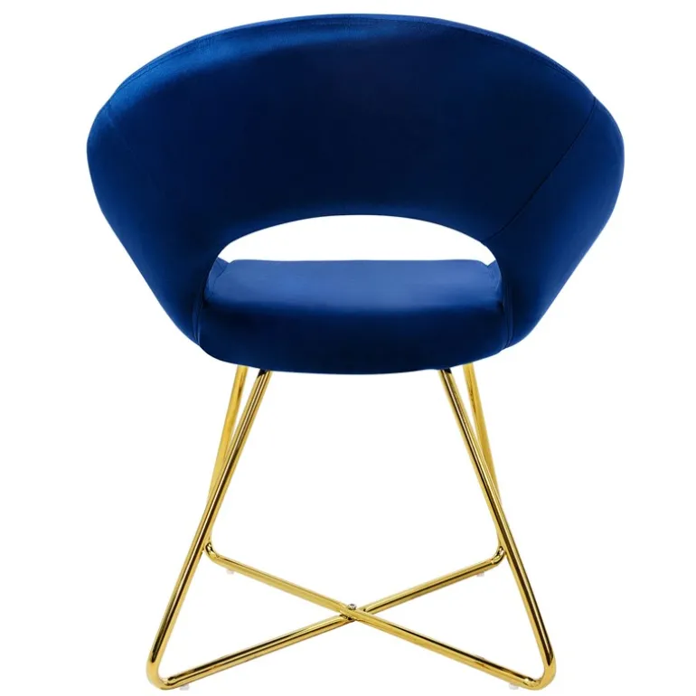 Esszimmerstuhl 2er Set mit runder offener Rückenlehne Blau aus Samt mit goldenen Metallbeinen ML-Design