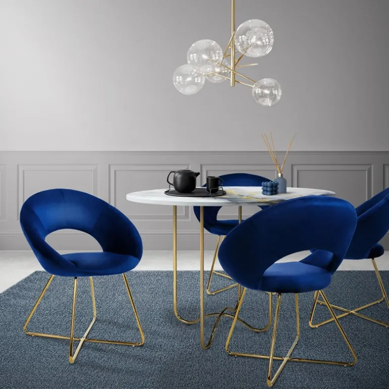 Esszimmerstuhl 2er Set mit runder offener Rückenlehne Blau aus Samt mit goldenen Metallbeinen ML-Design