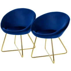 Esszimmerstuhl 2er Set mit runder Rückenlehne Blau aus Samt mit goldenen Metallbeinen ML-Design