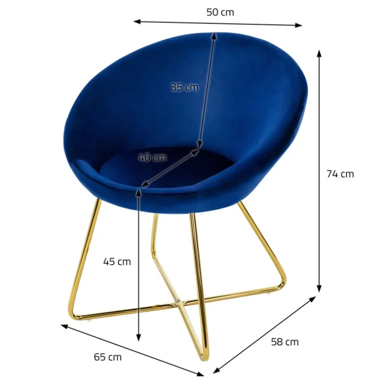 Esszimmerstuhl 2er Set mit runder Rückenlehne Blau aus Samt mit goldenen Metallbeinen ML-Design