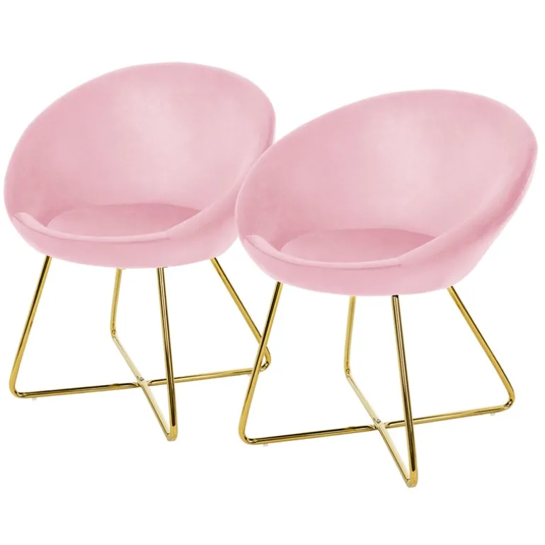 Esszimmerstuhl 2er Set mit runder Rückenlehne Rosa aus Samt mit goldenen Metallbeinen ML-Design