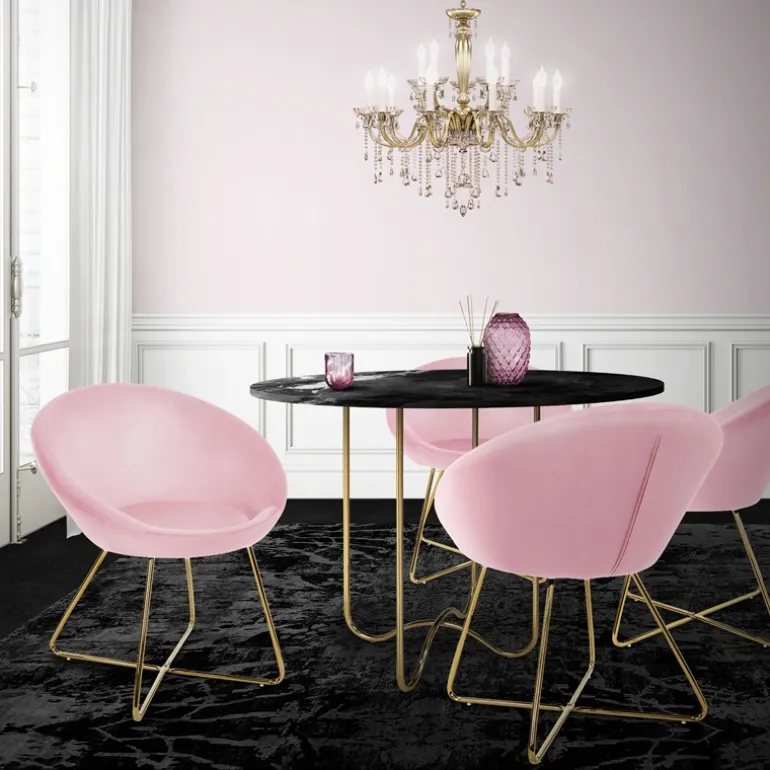 Esszimmerstuhl 2er Set mit runder Rückenlehne Rosa aus Samt mit goldenen Metallbeinen ML-Design
