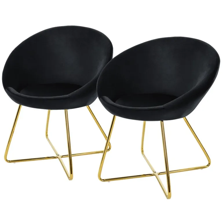 Esszimmerstuhl 2er Set mit runder Rückenlehne Schwarz aus Samt mit goldenen Metallbeinen ML-Design
