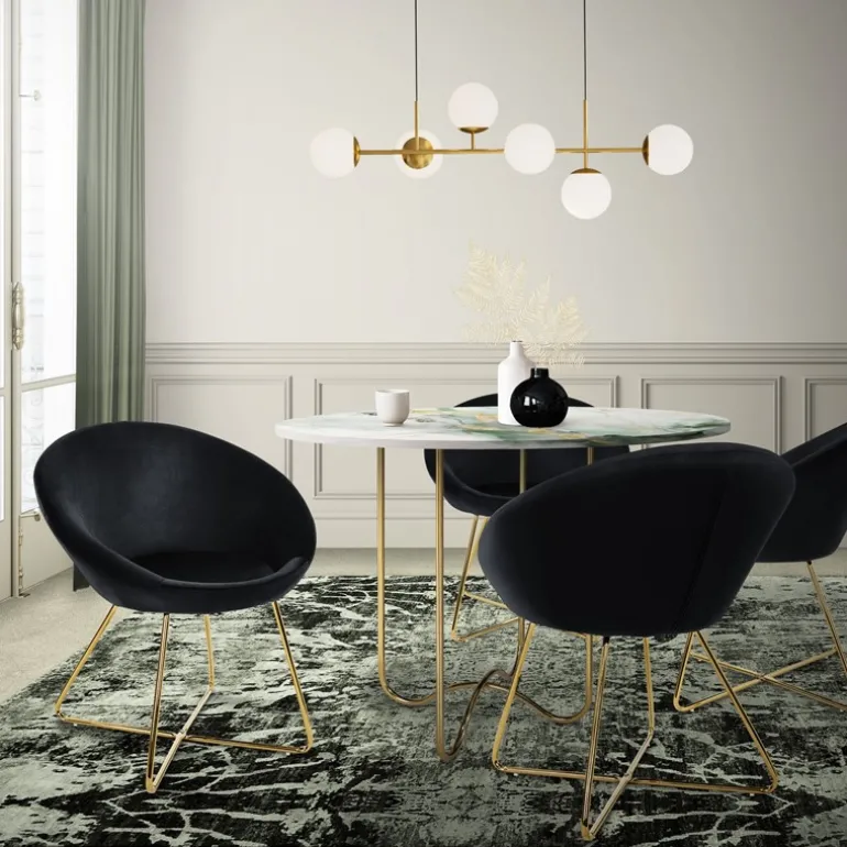 Esszimmerstuhl 2er Set mit runder Rückenlehne Schwarz aus Samt mit goldenen Metallbeinen ML-Design
