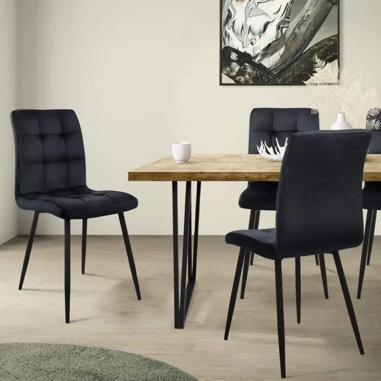 Esszimmerstuhl 4er Set Quadrat Steppung Schwarz Samtbezug mit Metallbeinen inkl. Montagematerial ML-Design