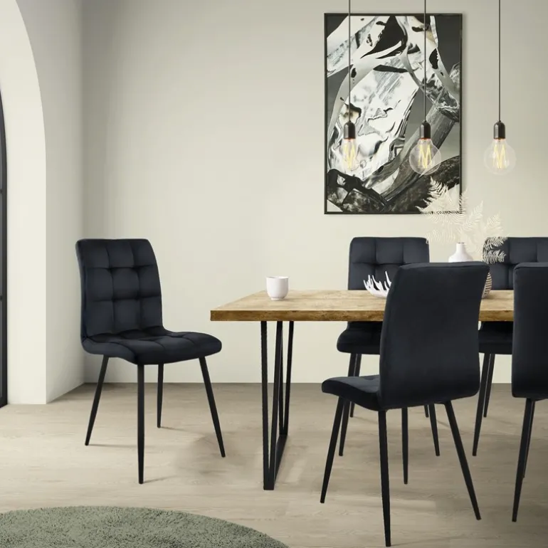 Esszimmerstuhl 4er Set Quadrat Steppung Schwarz Samtbezug mit Metallbeinen inkl. Montagematerial ML-Design