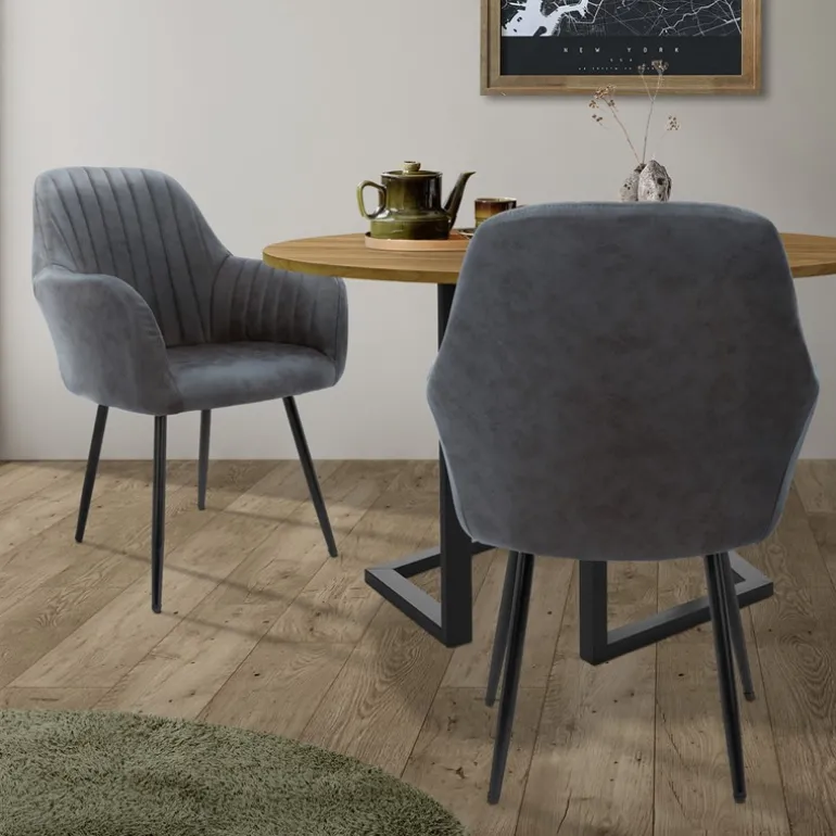 Esszimmerstuhl mit Linierter Steppung 2er Set mit Rücken- und Armlehnen Anthrazit Küchenstuhl mit Kunstleder Bezug ML-Design