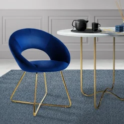 Esszimmerstuhl mit runder offener Rückenlehne Blau aus Samt mit goldenen Metallbeinen ML-Design