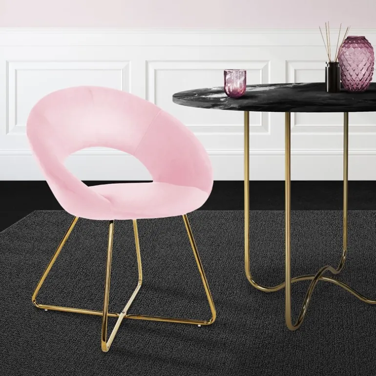 Esszimmerstuhl mit runder offener Rückenlehne Rosa aus Samt mit goldenen Metallbeinen ML-Design