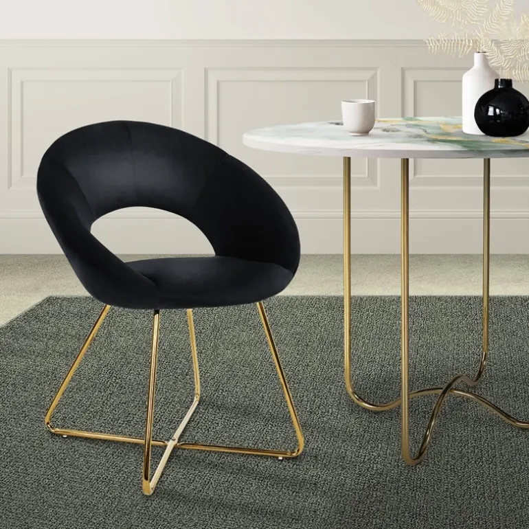 Esszimmerstuhl mit runder offener Rückenlehne Schwarz aus Samt mit goldenen Metallbeinen ML-Design