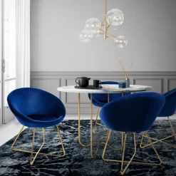 Esszimmerstuhl mit runder Rückenlehne Blau aus Samt mit goldenen Metallbeinen ML-Design