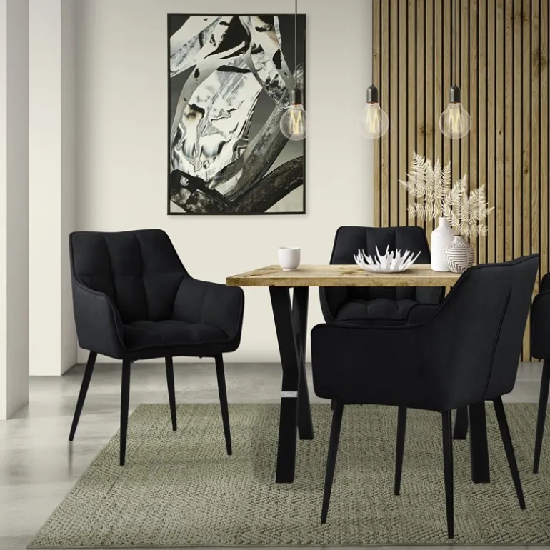 Esszimmerstuhl Schwarz aus Frotteestoff mit dickem gepolsterter Sitz ML-Design