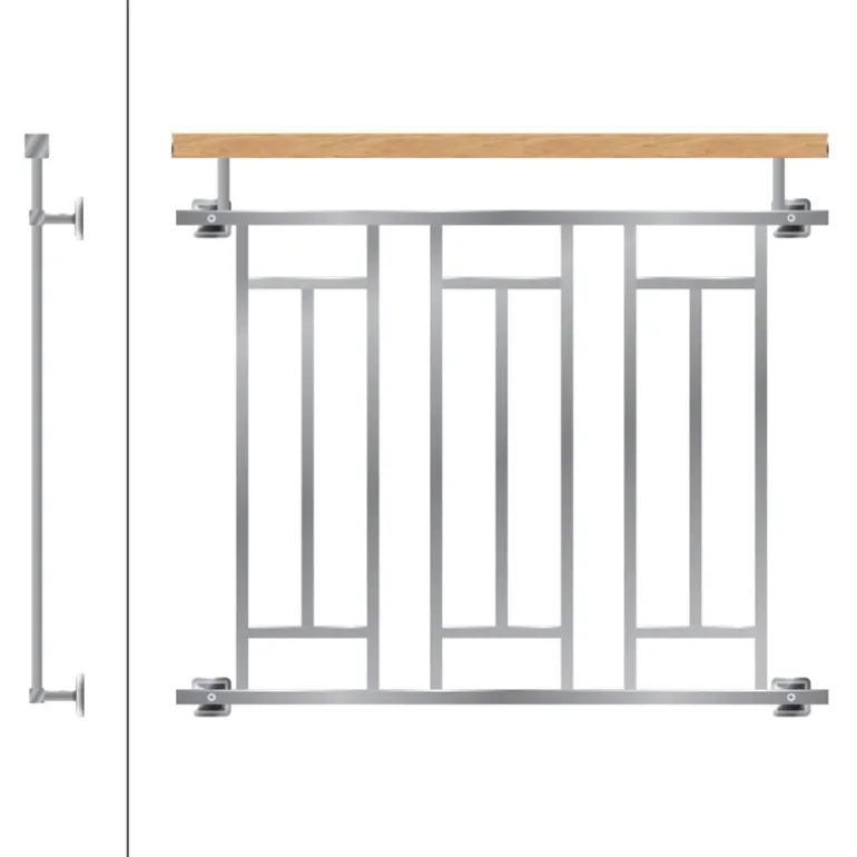 Französischer Balkon Silber 90x100 cm mit 3 Füllelementen, Holzoptik aus Edelstahl
