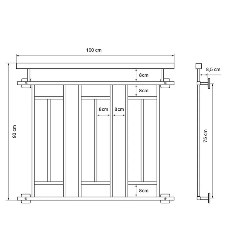 Französischer Balkon Silber 90x100 cm mit 3 Füllelementen, Holzoptik aus Edelstahl