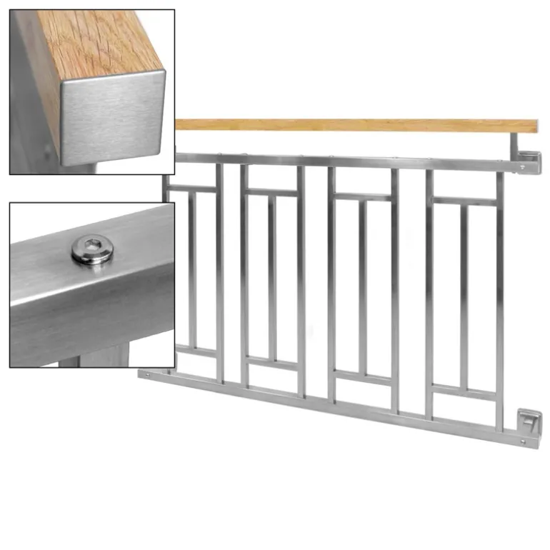 Französischer Balkon Silber 90x128 cm mit 4 Füllelementen, Holzoptik aus Edelstahl
