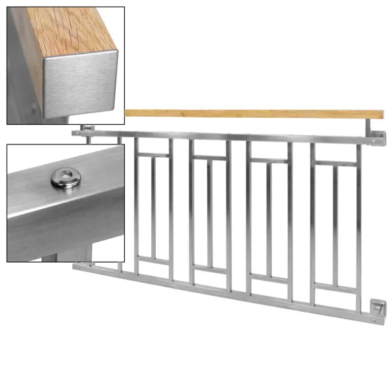 Französischer Balkon Silber 90x156 cm mit 5 Füllelementen, Holzoptik aus Edelstahl