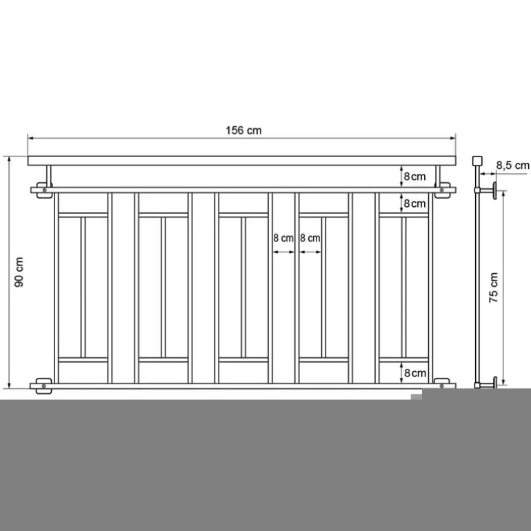 Französischer Balkon Silber 90x156 cm mit 5 Füllelementen, Holzoptik aus Edelstahl