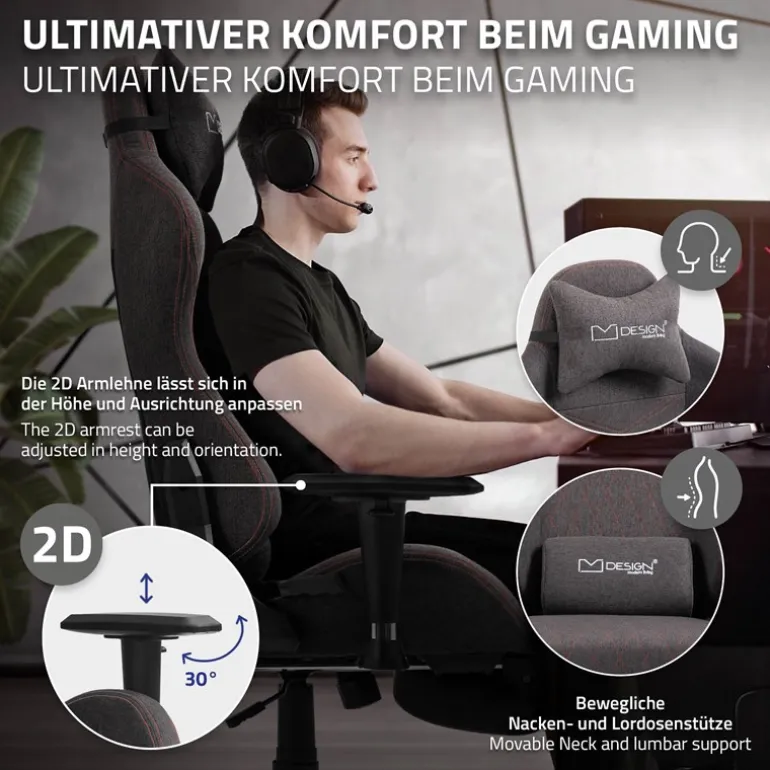 Gaming Stuhl Grau/Rot aus Stoff ML-Design