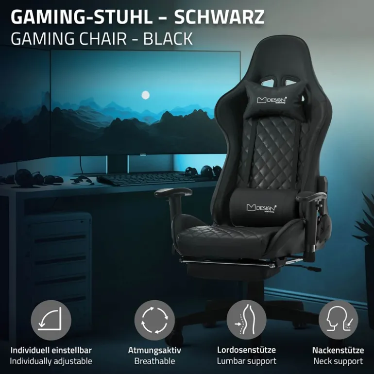 Gamingstuhl mit ausziehbarer Fußstütze 2D Armlehne Schwarz aus Kunstleder ML-Design