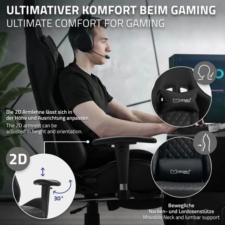 Gamingstuhl mit ausziehbarer Fußstütze 2D Armlehne Schwarz aus Kunstleder ML-Design