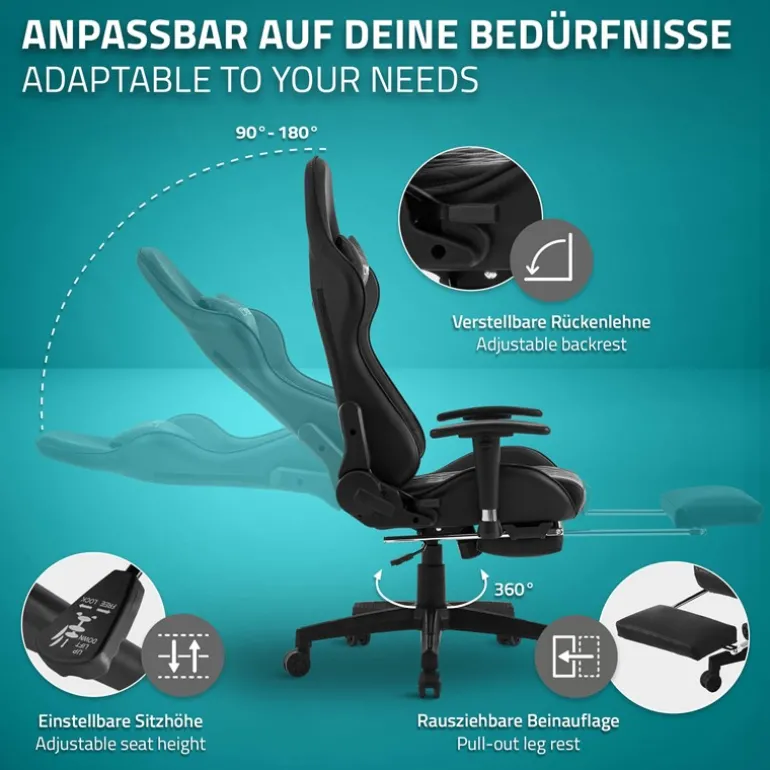 Gamingstuhl mit ausziehbarer Fußstütze 2D Armlehne Schwarz aus Kunstleder ML-Design
