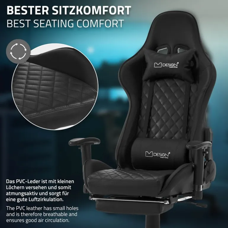 Gamingstuhl mit ausziehbarer Fußstütze 2D Armlehne Schwarz aus Kunstleder ML-Design