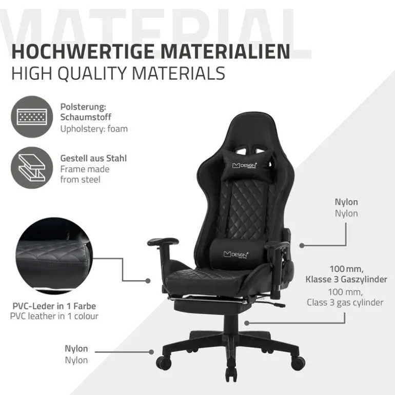 Gamingstuhl mit ausziehbarer Fußstütze 2D Armlehne Schwarz aus Kunstleder ML-Design