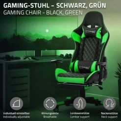 Gamingstuhl mit ausziehbarer Fußstütze 2D Armlehne Schwarz/Grün aus Kunstleder ML-Design