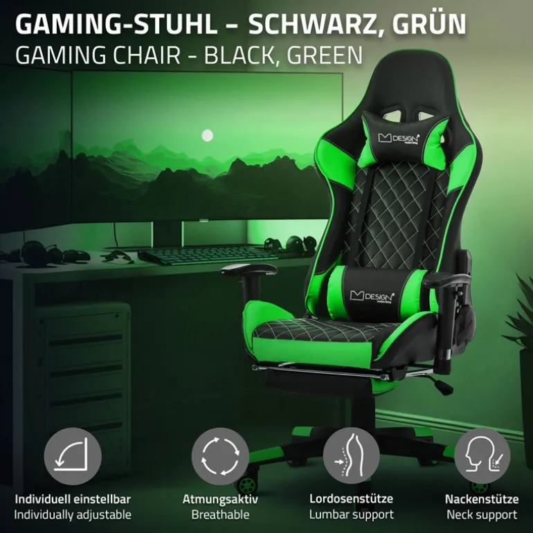 Gamingstuhl mit ausziehbarer Fußstütze 2D Armlehne Schwarz/Grün aus Kunstleder ML-Design