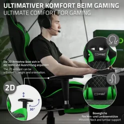 Gamingstuhl mit ausziehbarer Fußstütze 2D Armlehne Schwarz/Grün aus Kunstleder ML-Design