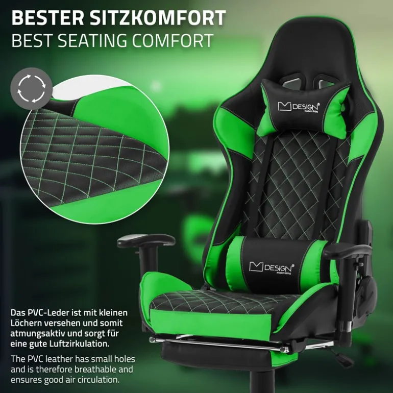 Gamingstuhl mit ausziehbarer Fußstütze 2D Armlehne Schwarz/Grün aus Kunstleder ML-Design