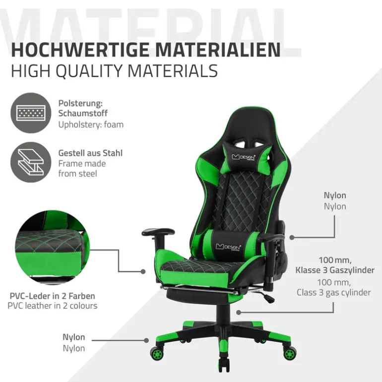 Gamingstuhl mit ausziehbarer Fußstütze 2D Armlehne Schwarz/Grün aus Kunstleder ML-Design