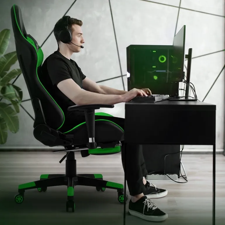 Gamingstuhl mit ausziehbarer Fußstütze 2D Armlehne Schwarz/Grün aus Kunstleder ML-Design