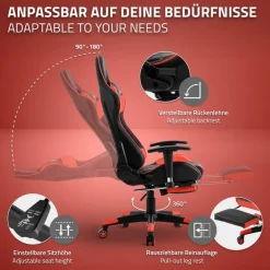 Gamingstuhl mit ausziehbarer Fußstütze 2D Armlehne Schwarz/Rot aus Kunstleder ML-Design