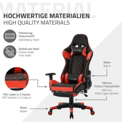 Gamingstuhl mit ausziehbarer Fußstütze 2D Armlehne Schwarz/Rot aus Kunstleder ML-Design