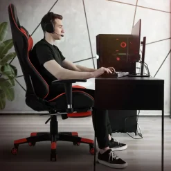 Gamingstuhl mit ausziehbarer Fußstütze 2D Armlehne Schwarz/Rot aus Kunstleder ML-Design