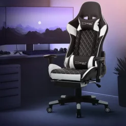 Gamingstuhl mit ausziehbarer Fußstütze 2D Armlehne Schwarz/Weiß aus Kunstleder ML-Design
